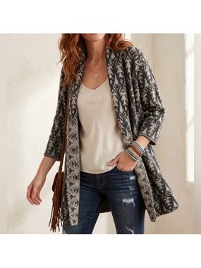 Peruvian Connection Open Front Long Cardigan Sweater Size Large Black Boho